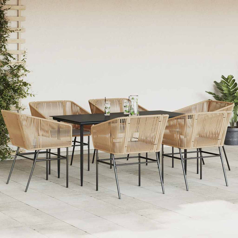 7 Piece Garden Dining Set with Cushions Brown Poly Rattan Glass