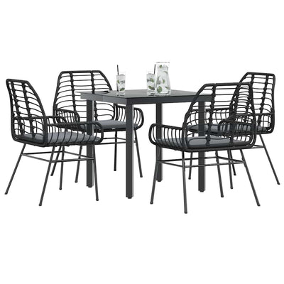 5 Piece Garden Dining Set with Cushions Black Poly Rattan Glass