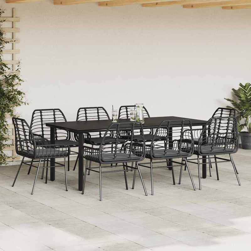 9 Piece Garden Dining Set with Cushions Black Poly Rattan Glass