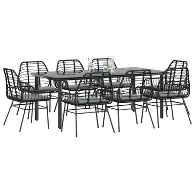 9 Piece Garden Dining Set with Cushions Black Poly Rattan Glass