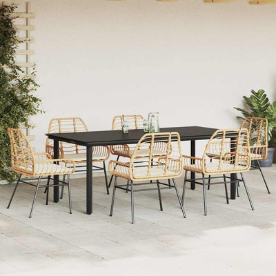 7 Piece Garden Dining Set with Cushions Brown Poly Rattan Glass