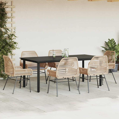 7 Piece Garden Dining Set with Cushions Brown Poly Rattan Glass