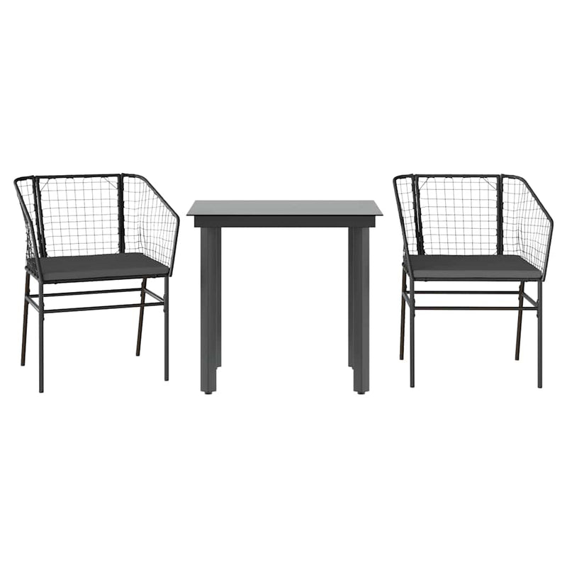 3 Piece Garden Dining Set with Cushions Black Poly Rattan Glass