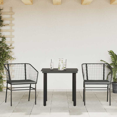 3 Piece Garden Dining Set with Cushions Black Poly Rattan Glass