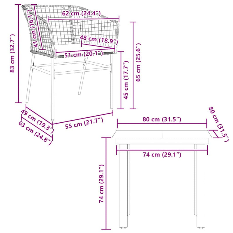 3 Piece Garden Dining Set with Cushions Black Poly Rattan Glass