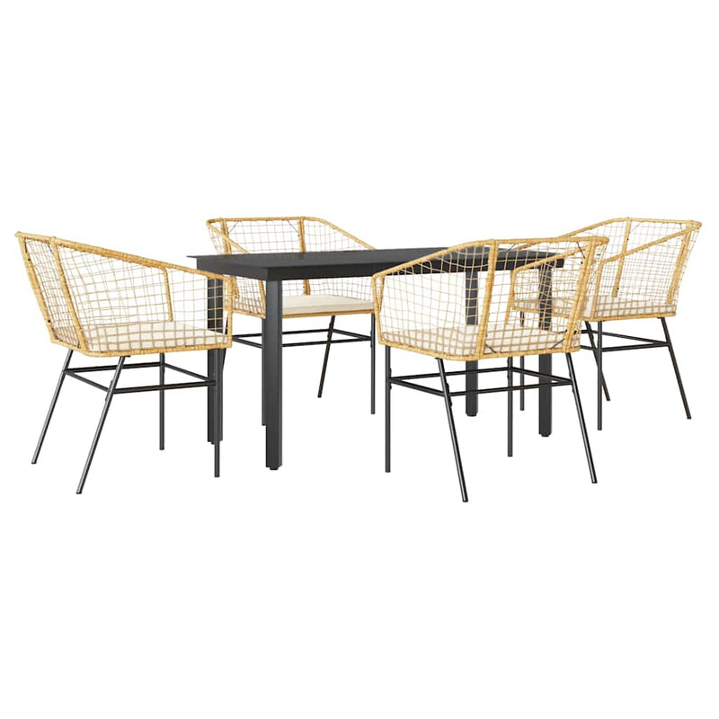 5 Piece Garden Dining Set with Cushions Brown Poly Rattan Glass