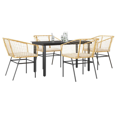 5 Piece Garden Dining Set with Cushions Brown Poly Rattan Glass