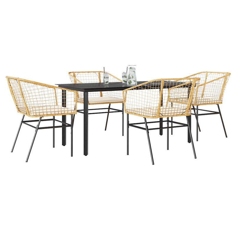 5 Piece Garden Dining Set with Cushions Brown Poly Rattan Glass