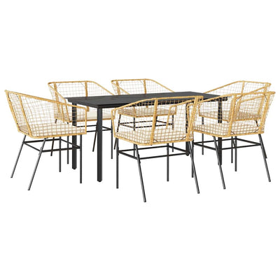 7 Piece Garden Dining Set with Cushions Brown Poly Rattan Glass