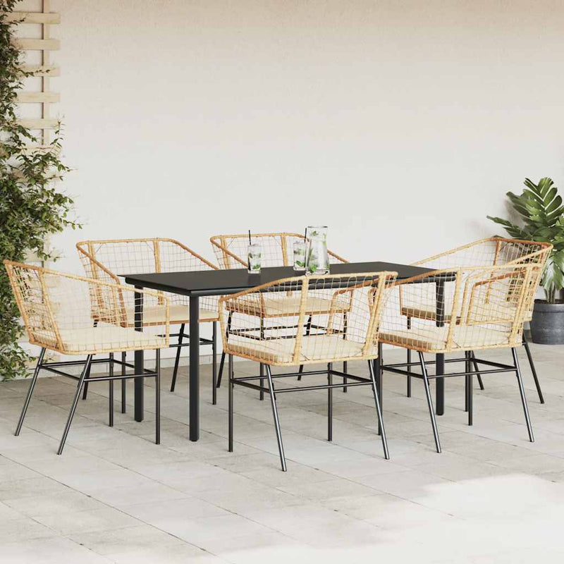 7 Piece Garden Dining Set with Cushions Brown Poly Rattan Glass