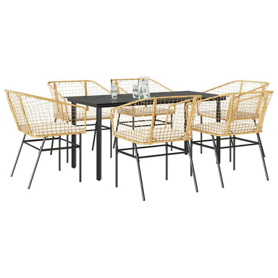 7 Piece Garden Dining Set with Cushions Brown Poly Rattan Glass