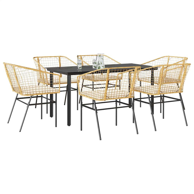 7 Piece Garden Dining Set with Cushions Brown Poly Rattan Glass