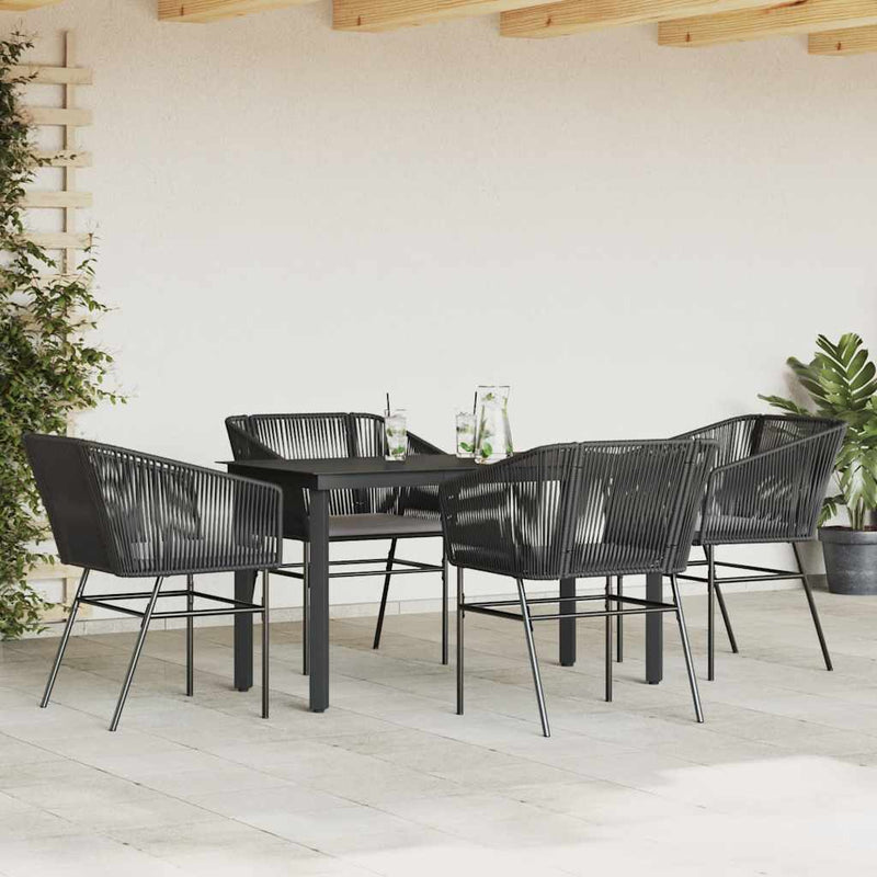 5 Piece Garden Dining Set with Cushions Black Poly Rattan Glass