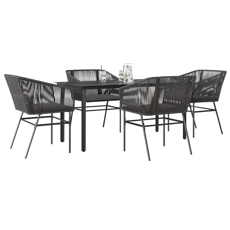 5 Piece Garden Dining Set with Cushions Black Poly Rattan Glass