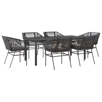 7 Piece Garden Dining Set with Cushions Black Poly Rattan Glass