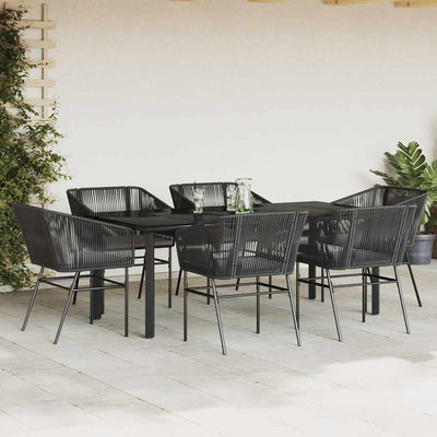 7 Piece Garden Dining Set with Cushions Black Poly Rattan Glass