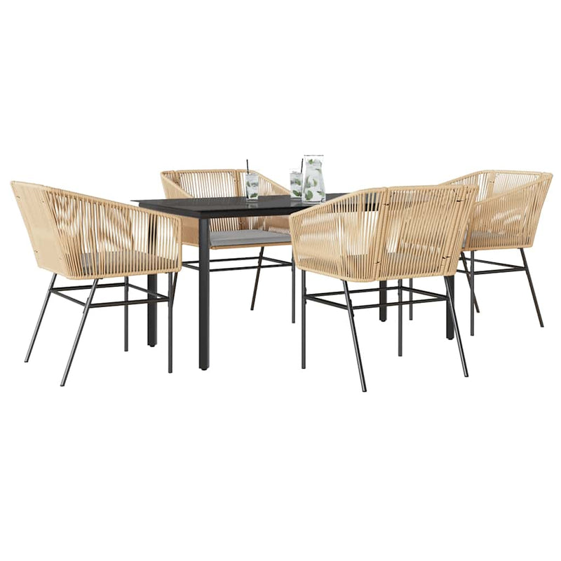 5 Piece Garden Dining Set with Cushions Brown Poly Rattan Glass