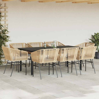 9 Piece Garden Dining Set with Cushions Brown Poly Rattan Glass