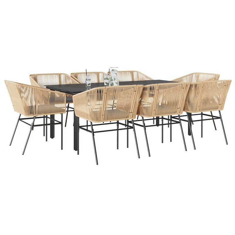 9 Piece Garden Dining Set with Cushions Brown Poly Rattan Glass