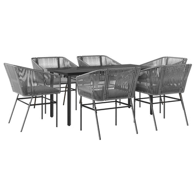 7 Piece Garden Dining Set with Cushions Grey Poly Rattan Glass