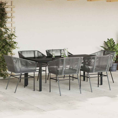 7 Piece Garden Dining Set with Cushions Grey Poly Rattan Glass