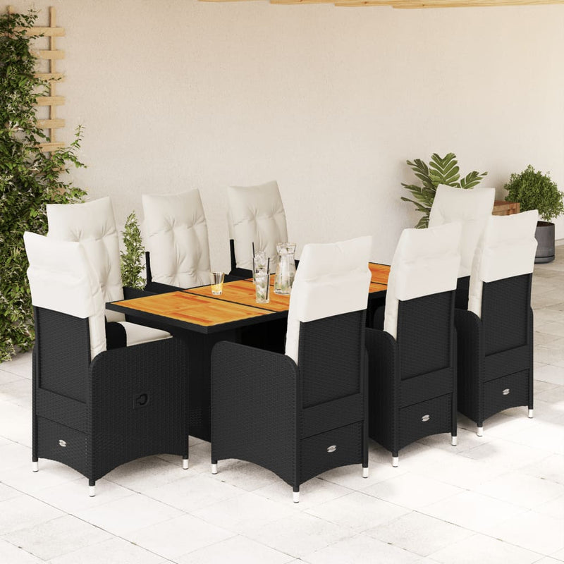 9 Piece Garden Bistro Set with Cushions Black Poly Rattan Payday Deals