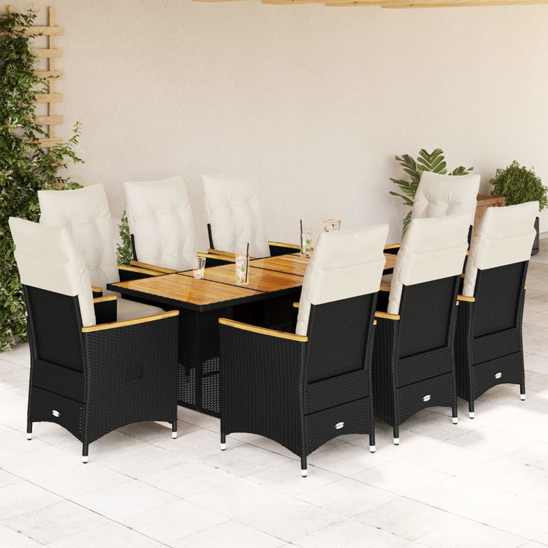 9 Piece Garden Bistro Set with Cushions Black Poly Rattan Payday Deals