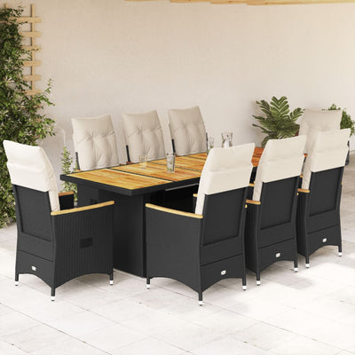 9 Piece Garden Bistro Set with Cushions Black Poly Rattan