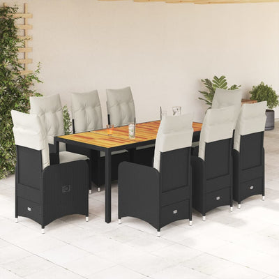 9 Piece Garden Bistro Set with Cushions Black Poly Rattan