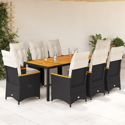 9 Piece Garden Bistro Set with Cushions Black Poly Rattan