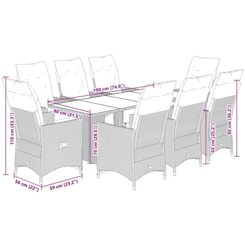 9 Piece Garden Bistro Set with Cushions Grey Poly Rattan Payday Deals