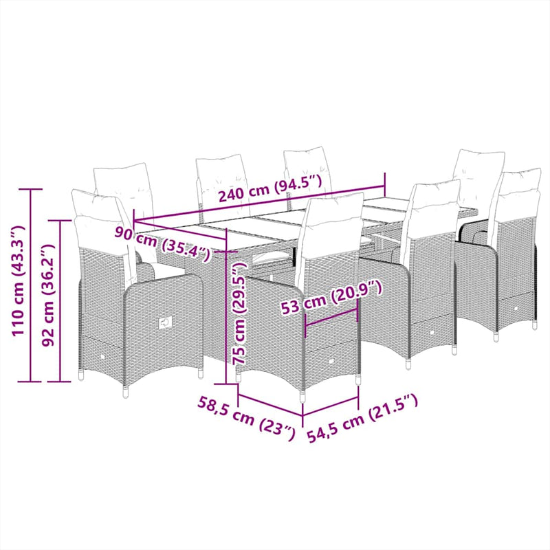 9 Piece Garden Bistro Set with Cushions Grey Poly Rattan Payday Deals