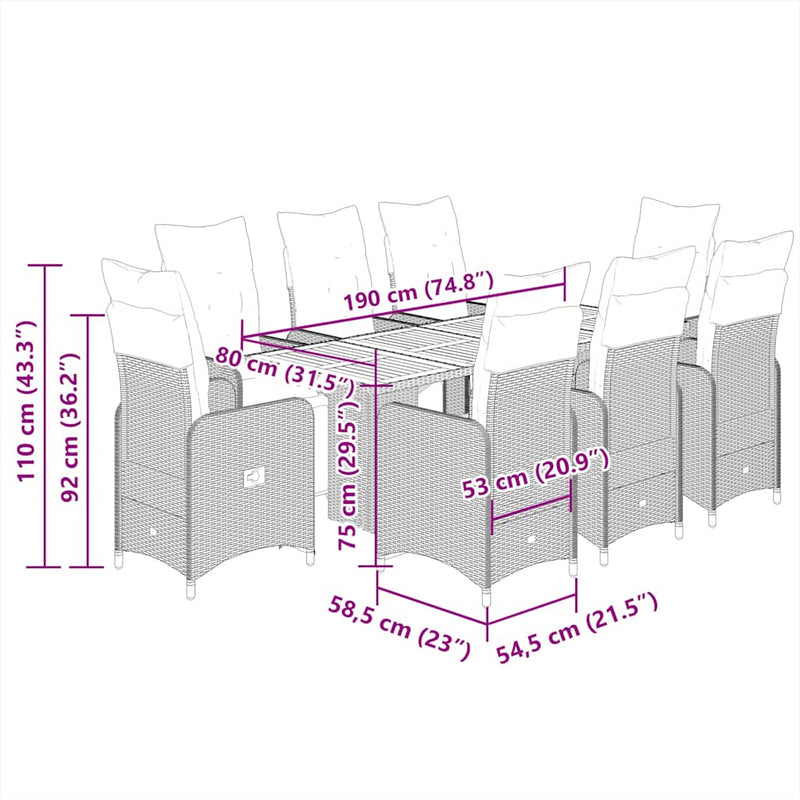9 Piece Garden Bistro Set with Cushions Grey Poly Rattan Payday Deals