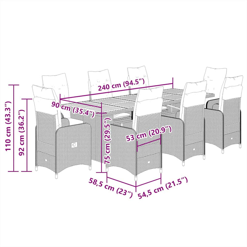 9 Piece Garden Bistro Set with Cushions Grey Poly Rattan Payday Deals