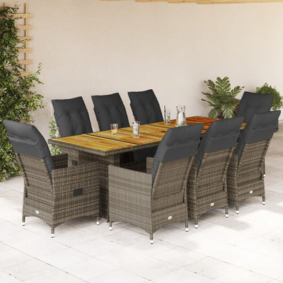 9 Piece Garden Bistro Set with Cushions Grey Poly Rattan