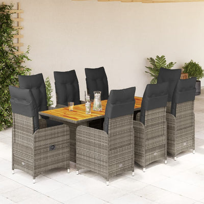 9 Piece Garden Bistro Set with Cushions Grey Poly Rattan