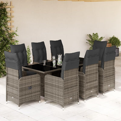 9 Piece Garden Bistro Set with Cushions Grey Poly Rattan