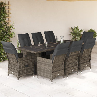 9 Piece Garden Bistro Set with Cushions Grey Poly Rattan