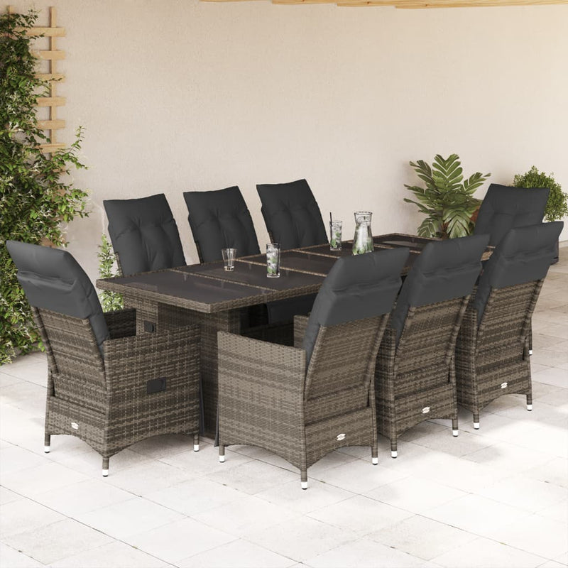 9 Piece Garden Bistro Set with Cushions Grey Poly Rattan Payday Deals