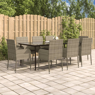 9 Piece Garden Dining Set with Cushions Black and Grey Poly Rattan Payday Deals