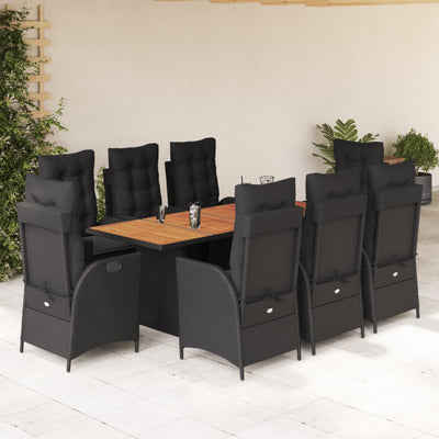 9 Piece Garden Dining Set with Cushions Black Poly Rattan