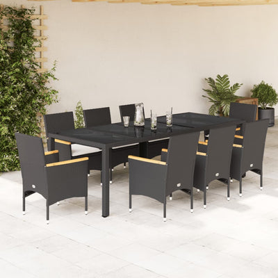 9 Piece Garden Dining Set with Cushions Black Poly Rattan and Glass Payday Deals