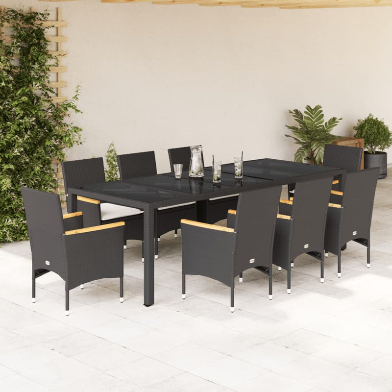 9 Piece Garden Dining Set with Cushions Black Poly Rattan and Glass Payday Deals