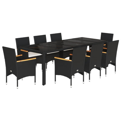 9 Piece Garden Dining Set with Cushions Black Poly Rattan and Glass Payday Deals