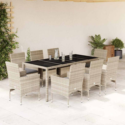 9 Piece Garden Dining Set with Cushions Light Grey Poly Rattan and Glass