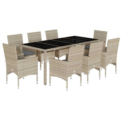 9 Piece Garden Dining Set with Cushions Light Grey Poly Rattan and Glass Payday Deals