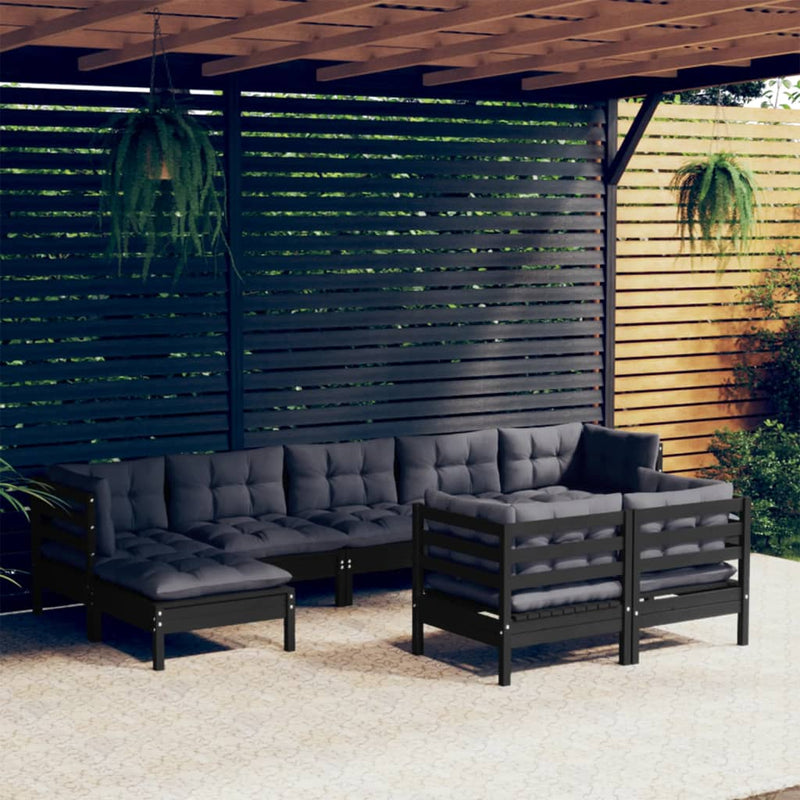 9 Piece Garden Lounge Set with Cushions Black Solid Pinewood Payday Deals