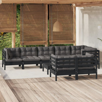 9 Piece Garden Lounge Set with Cushions Black Solid Pinewood