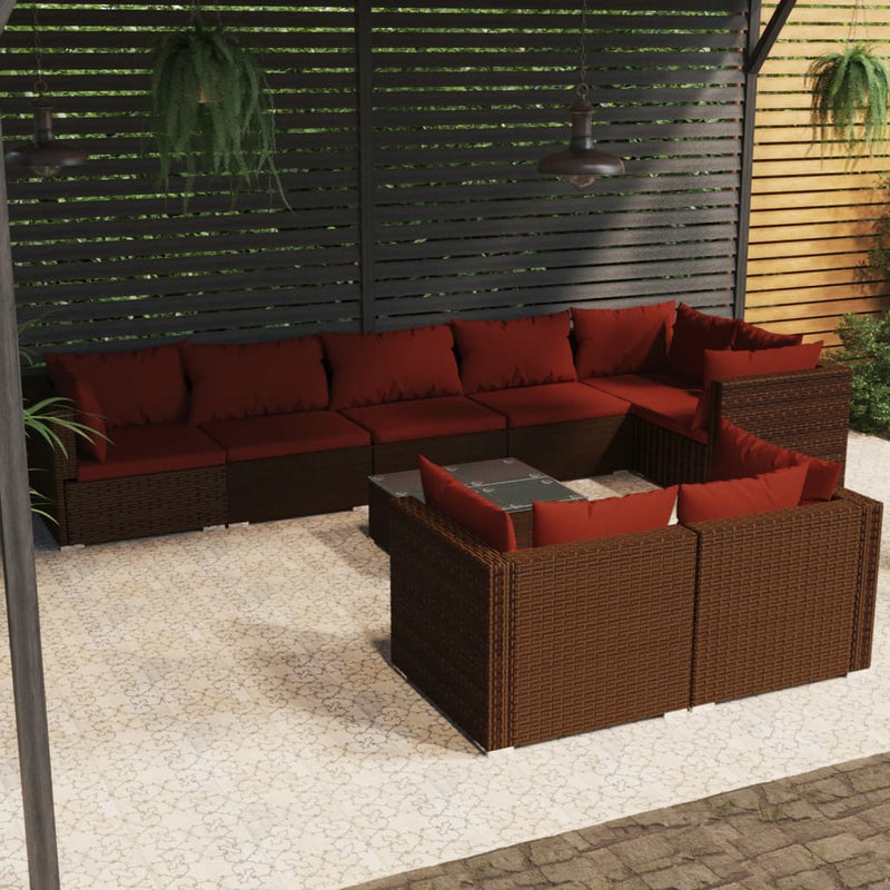 9 Piece Garden Lounge Set with Cushions Brown Poly Rattan Payday Deals