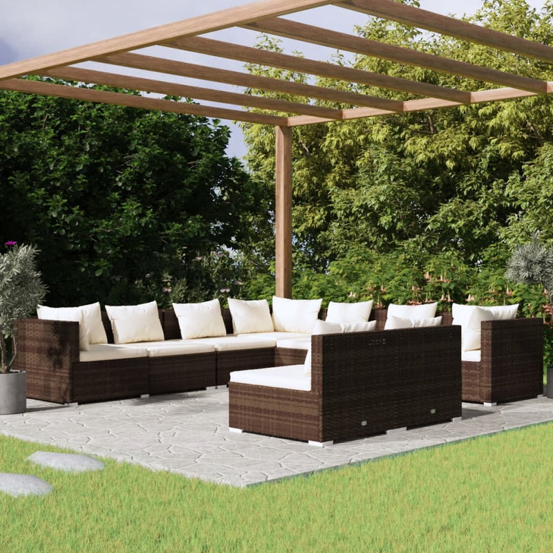 9 Piece Garden Lounge Set with Cushions Brown Poly Rattan Payday Deals